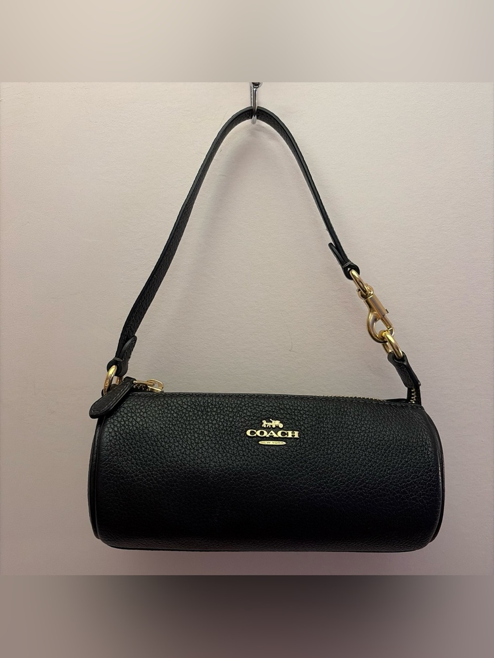 Coach Black Pebbled Leather Barrel Shoulder Bag with Gold Hardware